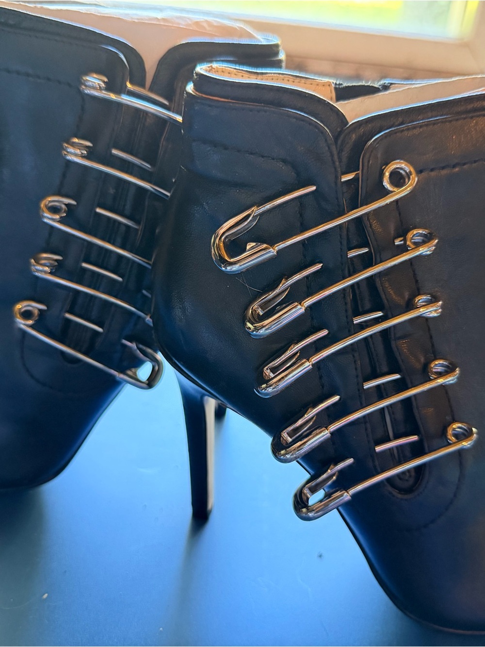 Black Safety-Pin Accent High-Heel Ankle Boots